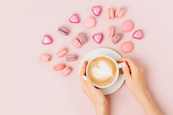 Woman Hands Holding Cup Coffee Pale Pink Background Flat Lay — Stock Photo, Image