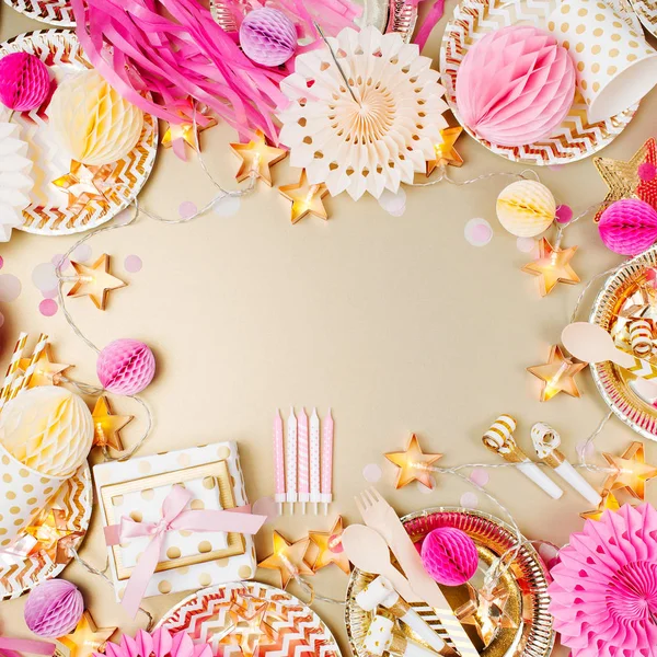 Geburtstagsparty Gold Und Rosa Farbe Flache Lage Draufsicht — Stockfoto