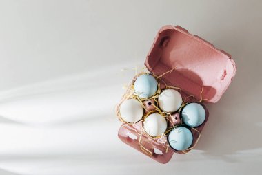 Doğal renkli kahverengi ve beyaz yumurta yumurta kutusunda sunlights ile... Besteleri pastel renklerde. Paskalya consept.  