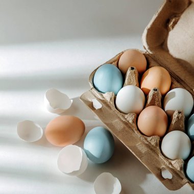 Doğal renkli kahverengi ve beyaz yumurta yumurta kutusunda sunlights ile... Besteleri pastel renklerde. Paskalya consept.  