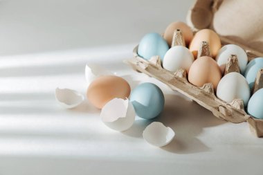 Doğal renkli kahverengi ve beyaz yumurta yumurta kutusunda sunlights ile... Besteleri pastel renklerde. Paskalya consept.  