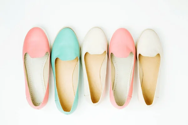 Stylish Female Shoes Pastel Colors Beauty Fashion Concept Flat Lay — Stock Photo, Image