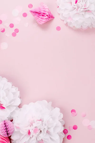 Рамка Рожевих Білих Паперових Прикрас Дитячої Вечірки Плоский Прошарок Вид — стокове фото