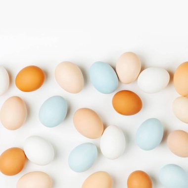 Doğal renkli kahverengi ve beyaz yumurta ışık arka plan üzerinde. Besteleri pastel renklerde. Paskalya consept. Düz yatıyordu, en iyi görünümü 