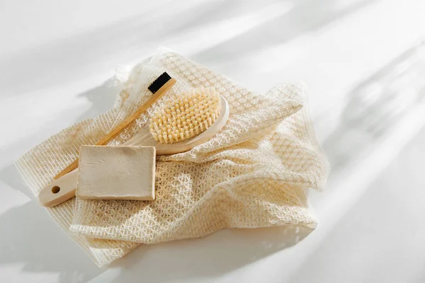 Soap Eco Bag, bamboo toothbrush, natural brush Eco cosmetics products and tools. Zero waste, Plastic free. Sustainable lifestyle concept