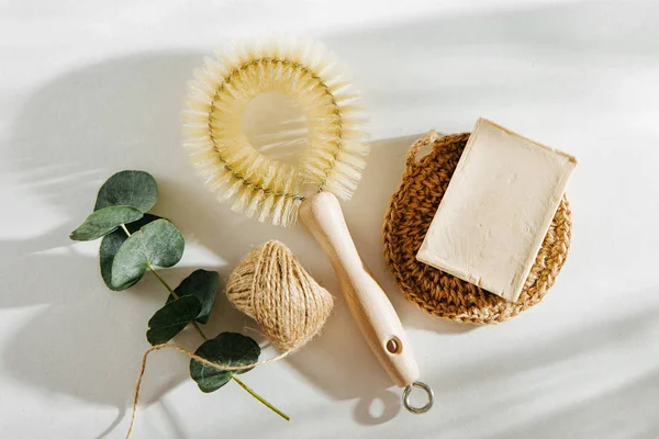 Doğal Çanak Fırça Araçları Sabun Ile Temizlik Sıfır Atık Kavramı — Stok fotoğraf