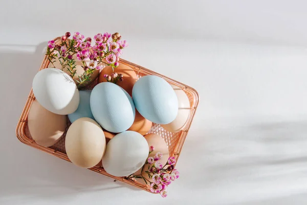 Huevos Color Natural Flores Cesta Con Luz Solar Composiciones Con — Foto de Stock