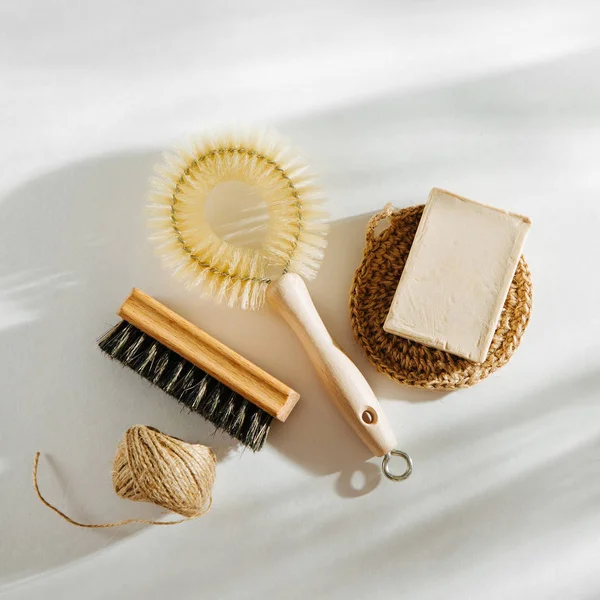 Natural dish brush and cleaning tools with Soap. Zero waste concept. Plastic free. Flat lay, top view