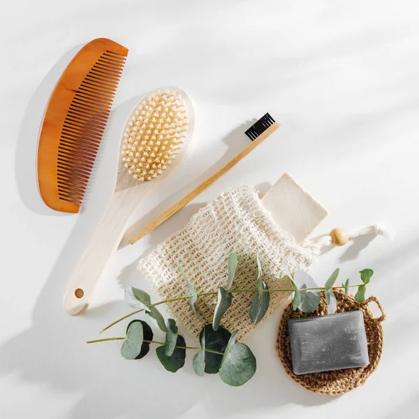 Soap Eco Bag, bamboo toothbrush, natural brush Eco cosmetics products and tools. Zero waste, Plastic free. Sustainable lifestyle concept