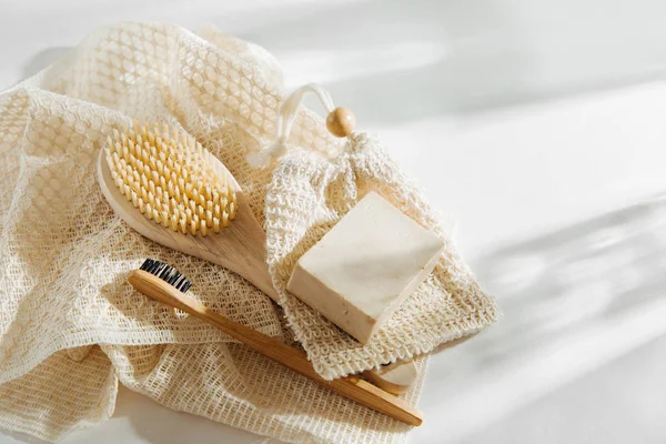 Zeep Eco Bag Bamboe Tandenborstel Natuurlijke Borstel Eco Cosmeticaproducten Hulpmiddelen — Stockfoto