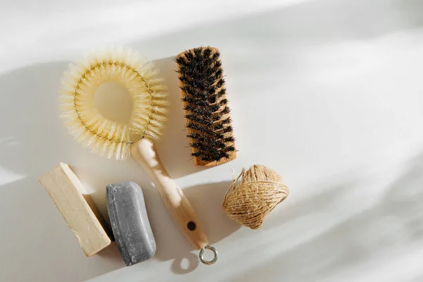 Natural dish brush and cleaning tools with Soap. Zero waste concept. Plastic free. Flat lay, top view