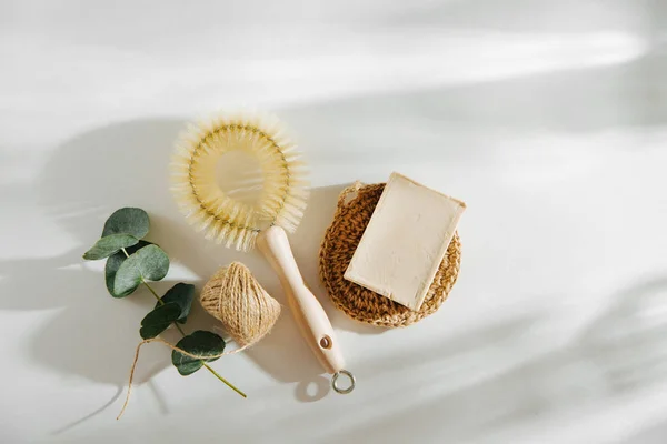 Natural dish brush and cleaning tools with Soap. Zero waste concept. Plastic free. Flat lay, top view