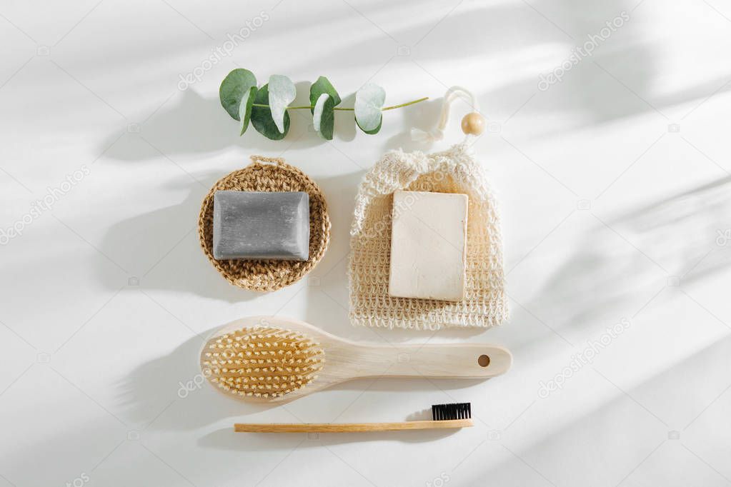 Set of Soap Eco Bag, bamboo toothbrush, natural brush Eco cosmetics products and tools. Zero waste, Plastic free. Sustainable lifestyle concept.