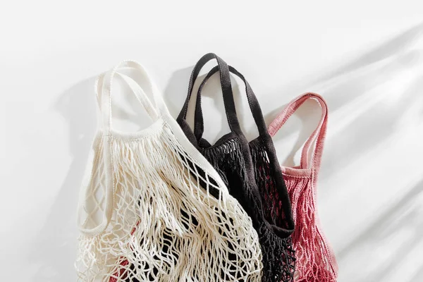 Shopping Bag Riutilizzabili Sfondo Bianco Nessun Concetto Spreco Senza Plastica — Foto Stock