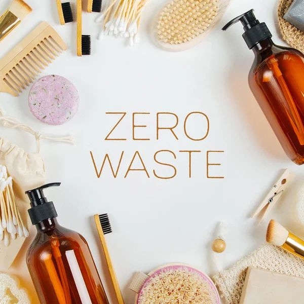Set of Eco cosmetics products and tools. Soap, Shampoo Bottles, bamboo toothbrush, natural wooden brush. Zero waste, Plastic free. Sustainable lifestyle concept.