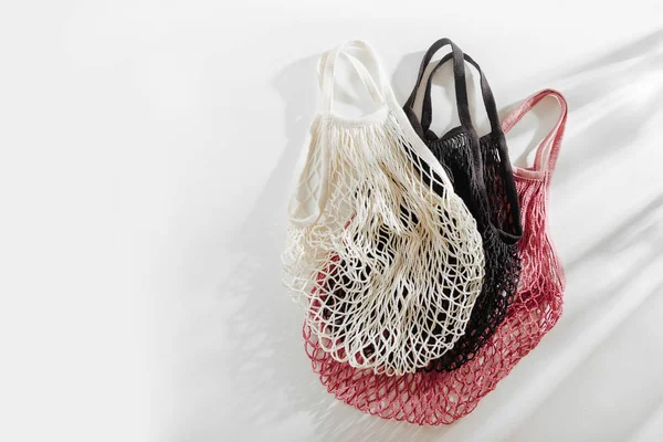 Shopping Bag Riutilizzabili Sfondo Bianco Nessun Concetto Spreco Senza Plastica — Foto Stock
