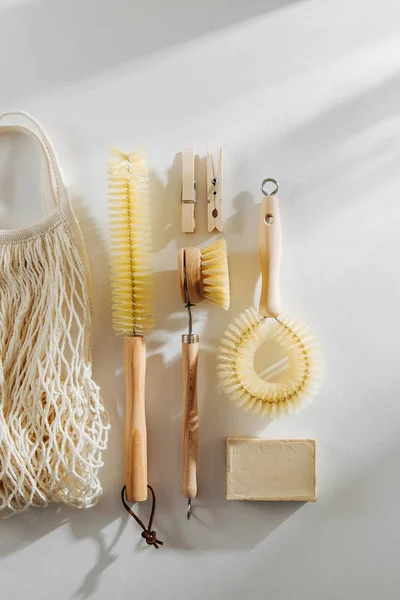 Sem Desperdício Ferramentas Limpeza Compostáveis Escova Madeira Prato Clothspins Sabão — Fotografia de Stock