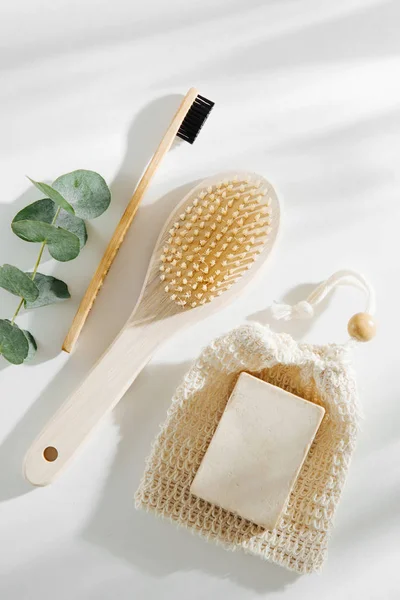 Soap Eco Bag, bamboo toothbrush, natural brush Eco cosmetics products and tools. Zero waste, Plastic free. Sustainable lifestyle concept