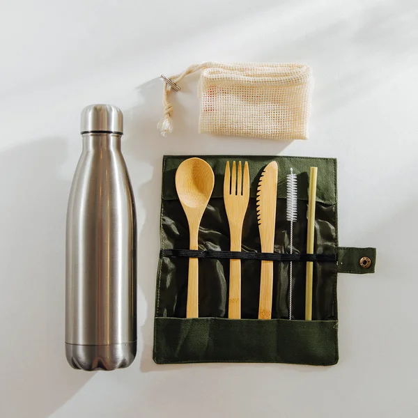 Wooden Dinnerware Set. Cutlery Set Bamboo Fork Knife With Cloth Bag Kitchen Tools for picnic, travel, camping outdoor.