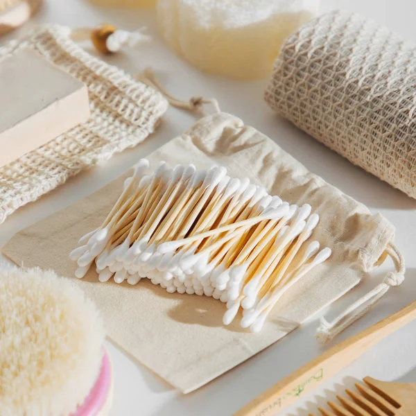 Natural Bamboo Ear Sticks Eco Bathroom Accessories Cosmetics Products Tools — Stock Photo, Image