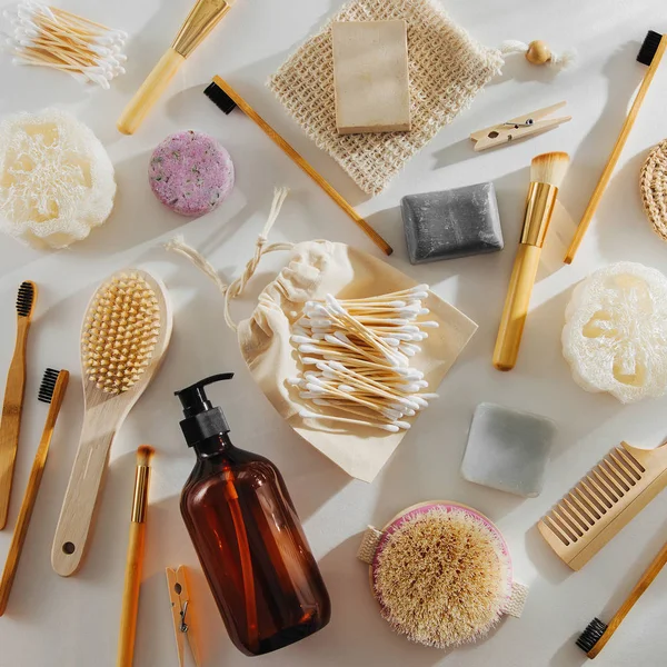 Set Eco Cosmetics Products Tools Soap Shampoo Bottles Bamboo Toothbrush — Stock Photo, Image