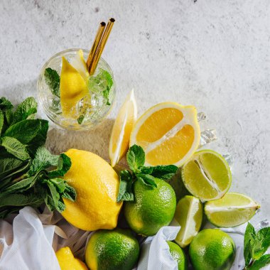 Kokteyl için malzemeler. Nane, limon, limon ve buz. Düz döşeme, üst görünüm