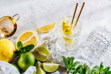 Kokteyl yapımı. Nane, kireç, limon, buz malzemesi ve bar malzemeleri. Düz yatış, üst görünüm.