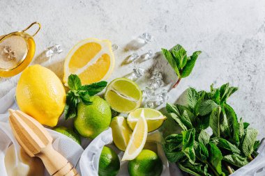 Kokteyl yapımı. Nane, kireç, limon, buz malzemesi ve bar malzemeleri. Düz yatış, üst görünüm.