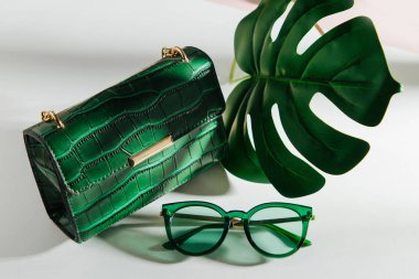 Çanta, güneş gözlüğü ve tropikal yaprak ile kadınsı aksesuarları kolaj. Düz yatıyordu, üstten bak. Yaz moda konsepti