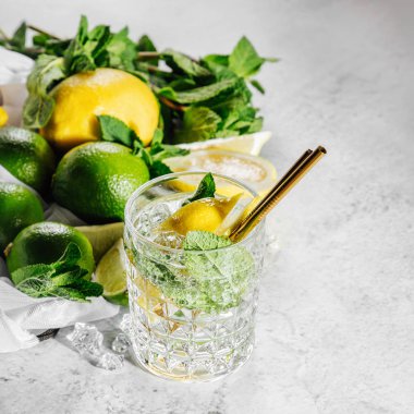 Limonlu, limonlu ve naneli taze limonlu limonata. Yaz içecekleri. 