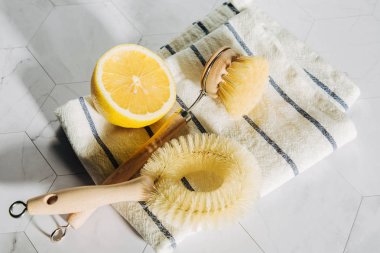 Bambu çanak fırçalar ile doğal temizlik ürünleri limon. Çevre dostu. Sıfır atık kavramı. Plastik ücretsiz.