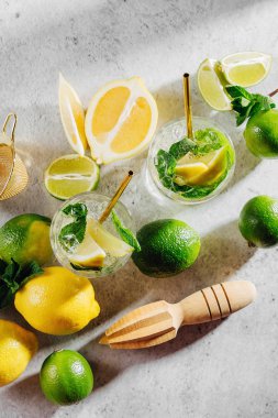 Kokteyl için malzemeler. Nane, limon, limon ve buz. Düz döşeme, üst görünüm