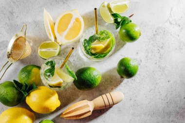 Kokteyl için malzemeler. Nane, limon, limon ve buz. Düz döşeme, üst görünüm