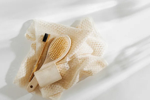 Soap Eco Bag, bamboo toothbrush, natural brush Eco cosmetics products and tools. Zero waste, Plastic free. Sustainable lifestyle concept