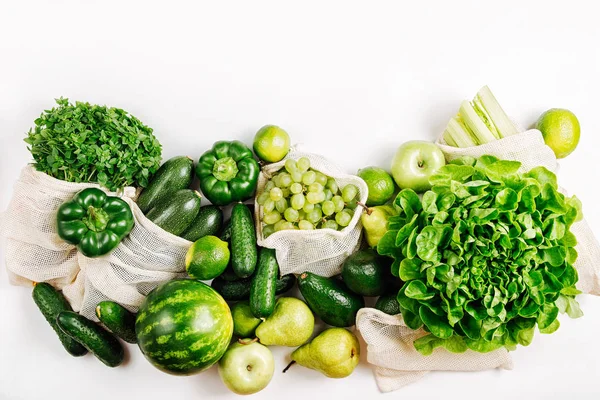 Verduras Ecológicas Verdes Frescas Bolsas Productos Reutilizables Estilo Vida Sostenible — Foto de Stock