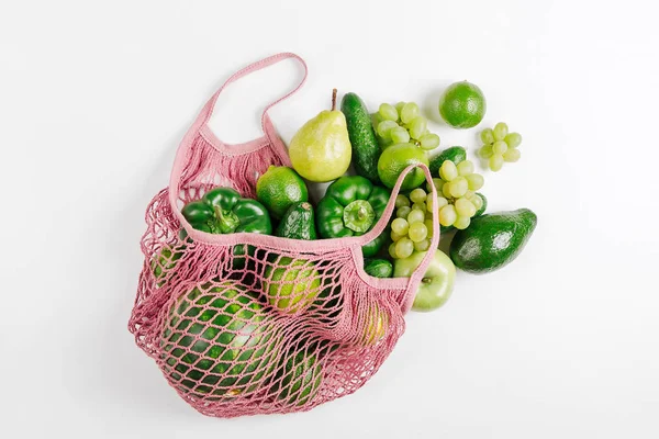 Netztasche Mit Sortiertem Rohem Frischem Bio Gemüse Flache Lage Draufsicht — Stockfoto