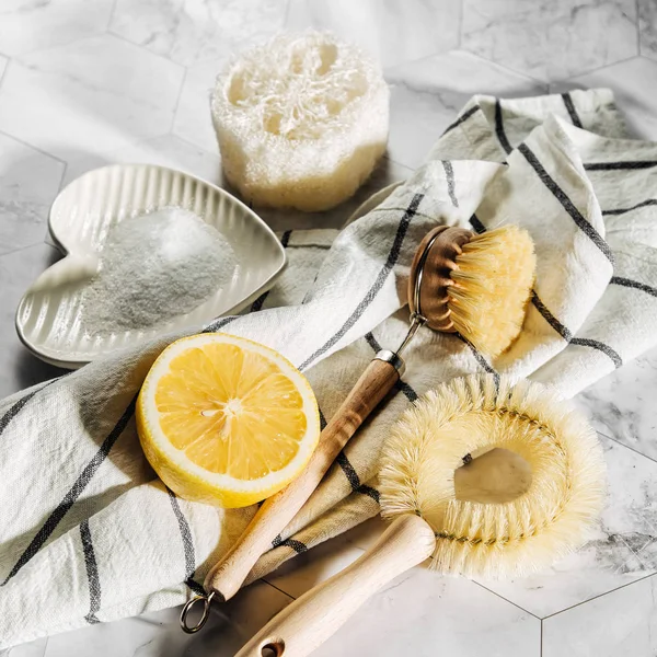 레몬과 대나무 브러시 베이킹 친화적 폐기물 플라스틱 — 스톡 사진