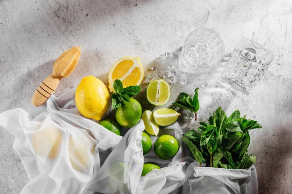 Ingredientes Para Cóctel Menta Limón Limones Hielo Piso Tendido Vista — Foto de Stock
