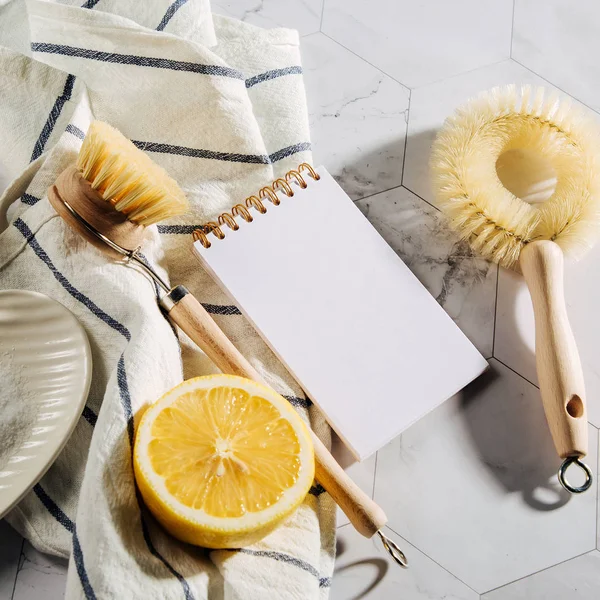 Natural Cleaning Products Lemon Bamboo Dish Brushs Notebook Eco Friendly — Stock Photo, Image