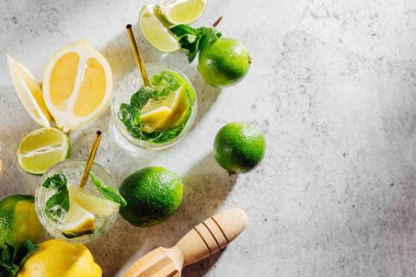 Kokteyl için malzemeler. Nane, limon, limon ve buz. Düz döşeme, üst görünüm