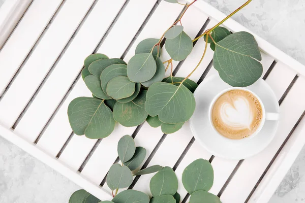 Cup Coffee White Wooden Serving Tray Eucalyptus Branch Flat Lay — Stock Photo, Image
