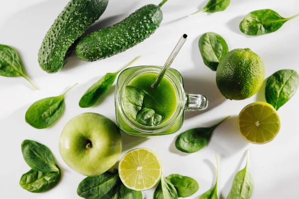 Petit Déjeuner Sain Avec Smoothie Vert Désintoxication Concept Régime Alimentation — Photo