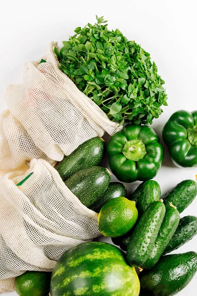 Verduras Ecológicas Verdes Frescas Bolsas Productos Reutilizables Estilo Vida Sostenible — Foto de Stock