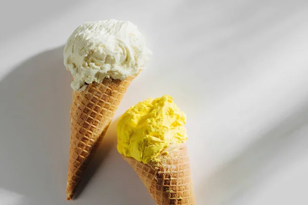 Ice cream cones on white background. Summer concept.