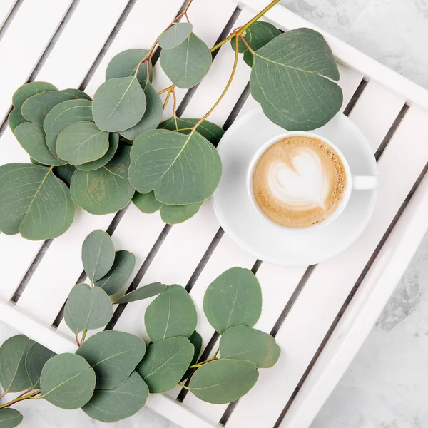 Cup Coffee White Wooden Serving Tray Eucalyptus Branch Flat Lay — Stock Photo, Image
