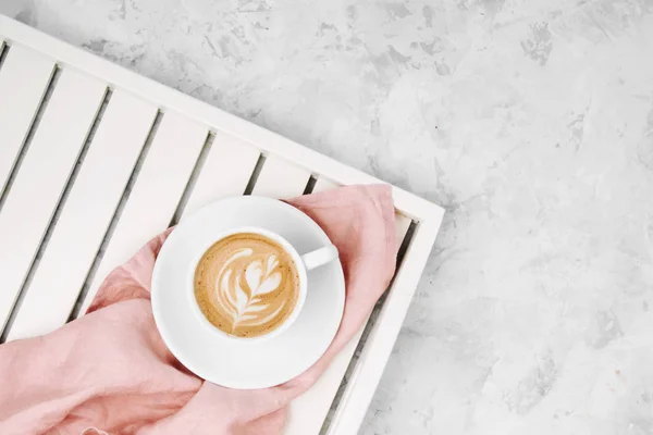 Cup Coffee White Wooden Serving Tray Flat Lay Top Vie — Stock Photo, Image