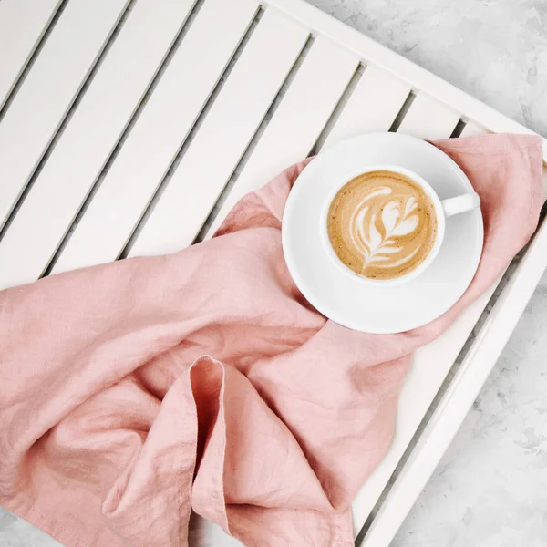 Tazza Caffè Vassoio Servizio Legno Bianco Posa Piatta Top Vie — Foto Stock