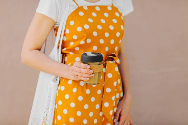 Young Woman Yellow Summer Clothes Hold Reusable Coffee Mug Sustainable — 스톡 사진