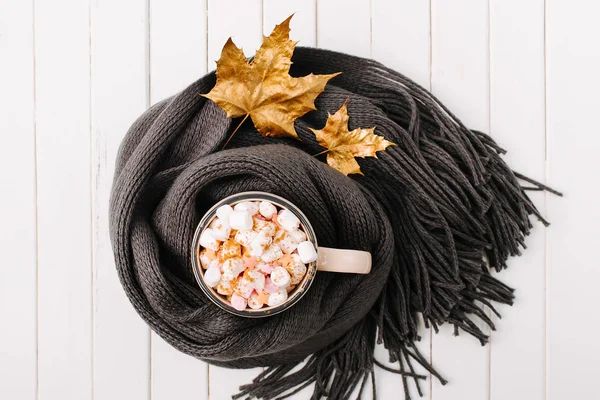 一杯咖啡包裹在围巾 秋天或冬天的概念 — 图库照片