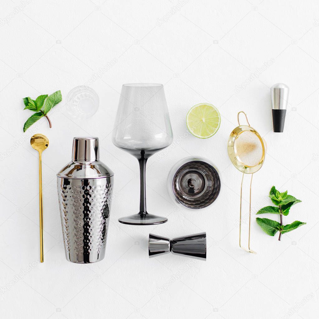 Bar accessories and ingredients for making mojito cocktail